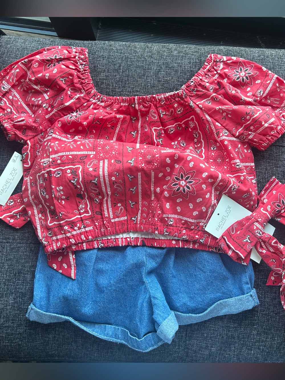 Rachel Zoe Red Bandana Print Crop Top and Denim Shorts Set
